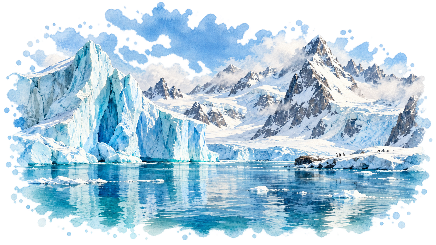 Watercolor interpretation of Antarctic mountains and sculptural blue ice