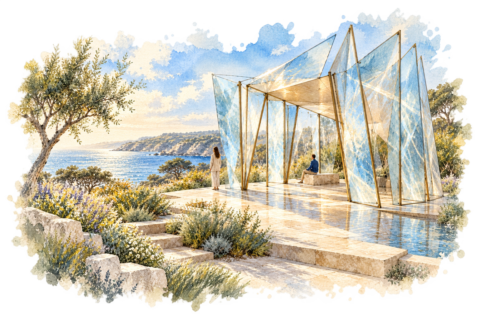 Illustrative design concept: a coastal pavilion with faceted glass and refracted Antarctic-blue light